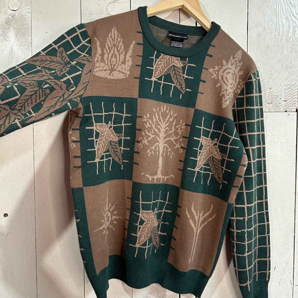 Lord of the Rings BoxLunch Mens Small Icon Green Brown Knit Sweater LOTR RARE‎ - Picture 2 of 4